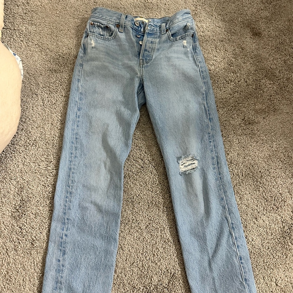 Levi's Blue Straight Leg Jeans with Distressed Detail